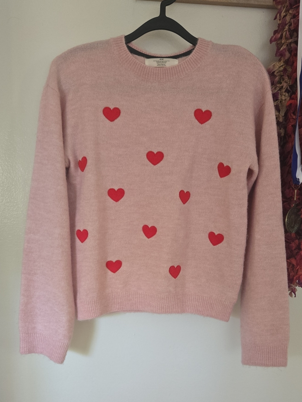 H&M Pink Sweater with Red Heart Motif